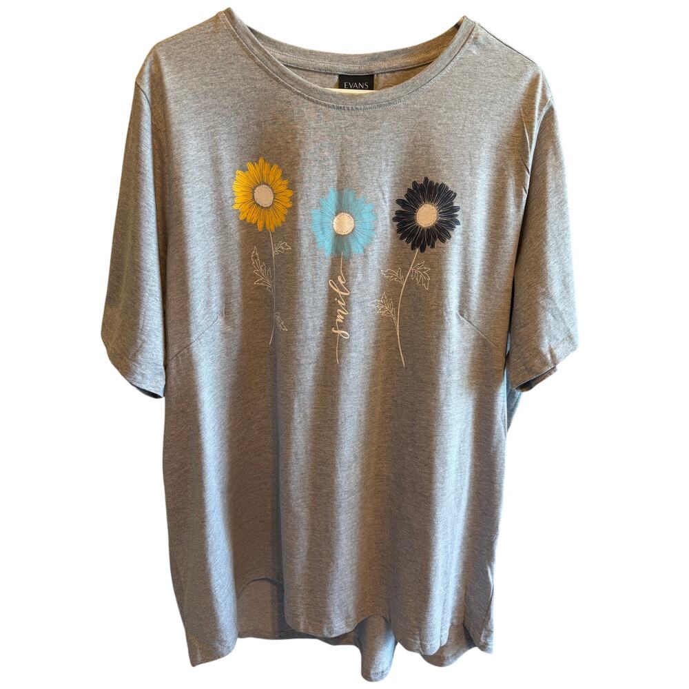 Evans Gray Graphic Plus Size T-Shirt Flowers Yellow Blue White High Low 22/24